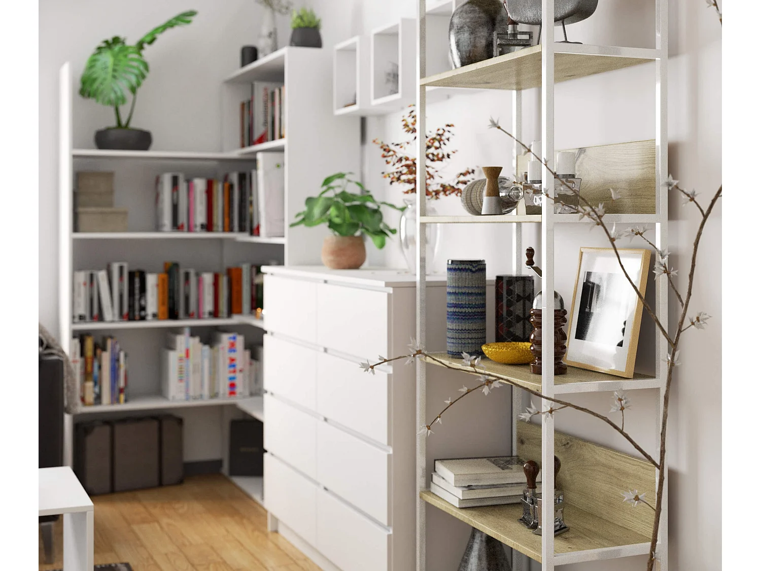 Étagère murale industrielle AKORD Blanche - Chêne Artisan 70 cm 6 étagères 70x32x192 cm