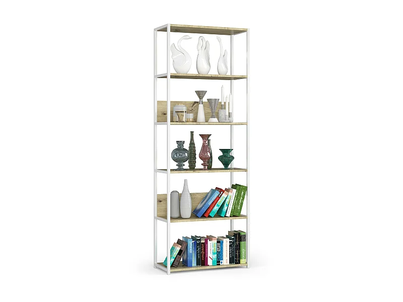 Open Boekenkast, Ladderkast, Loft Design / Metalen Vakkenkast met 6 Planken / Opbergplank / Boekenrek Opslagrek / Wit - Artisan Eik / 70 x 192 x 32 cm