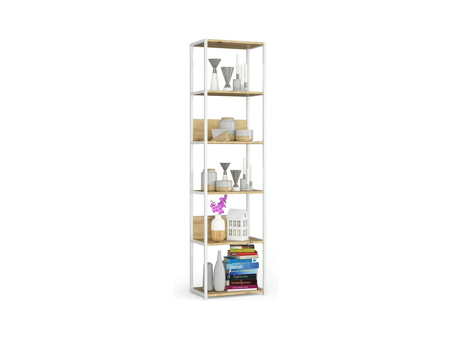 Estantería loft 50 cm AKORD metálica Blanco con 6 estantes en Roble Artisan 50x32x191 cm