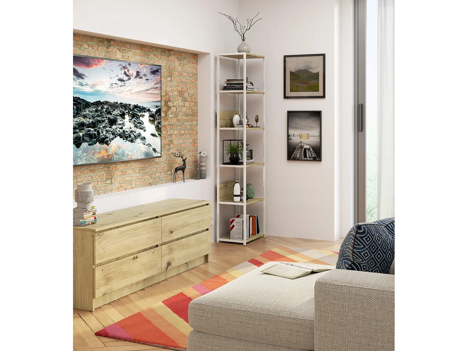 Open Boekenkast, Ladderkast, Loft Design / Metalen Vakkenkast met 6 Planken / Opbergplank / Boekenrek Opslagrek / Wit - Artisan Eik / 50 x 192 x 32 cm