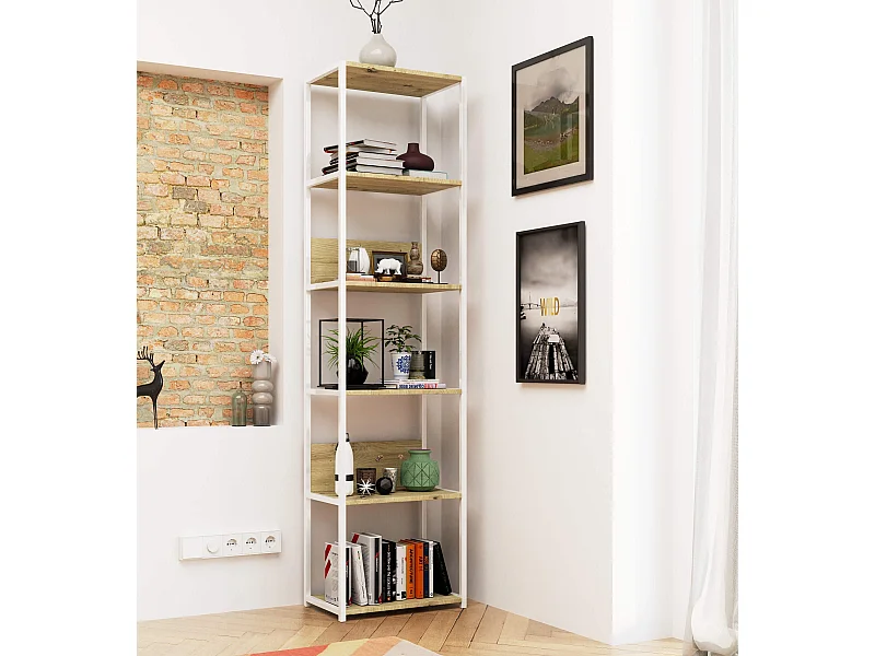 Open Boekenkast, Ladderkast, Loft Design / Metalen Vakkenkast met 6 Planken / Opbergplank / Boekenrek Opslagrek / Wit - Artisan Eik / 50 x 192 x 32 cm
