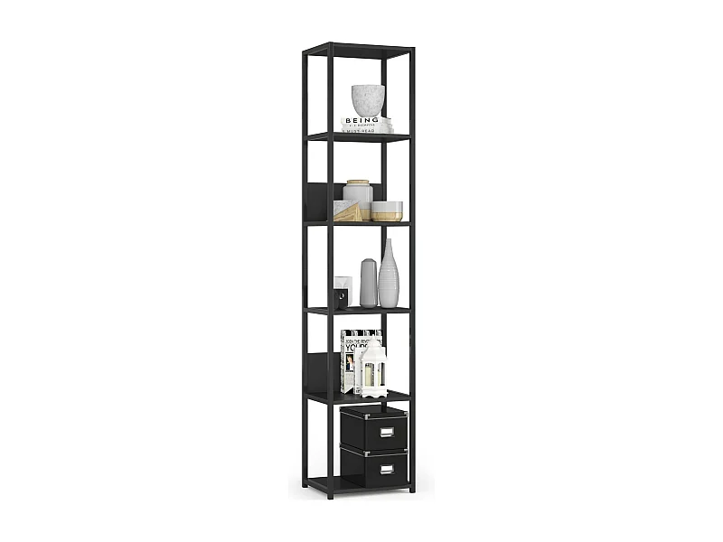 Open Boekenkast, Ladderkast, Loft Design / Metalen Vakkenkast met 6 Planken / Opbergplank / Boekenrek Opslagrek / Zwart / 40 x 192 x 32 cm