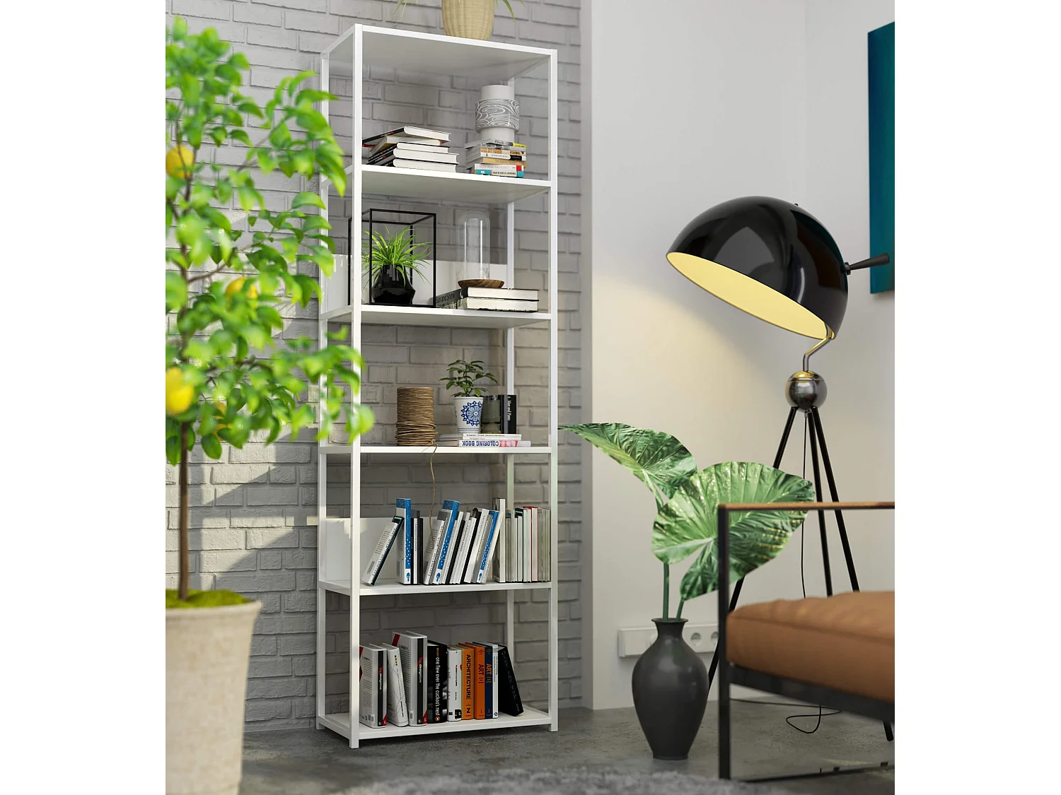 Open Boekenkast, Ladderkast, Loft Design / Metalen Vakkenkast met 6 Planken / Opbergplank / Boekenrek Opslagrek / Wit / 60 x 192 x 32 cm