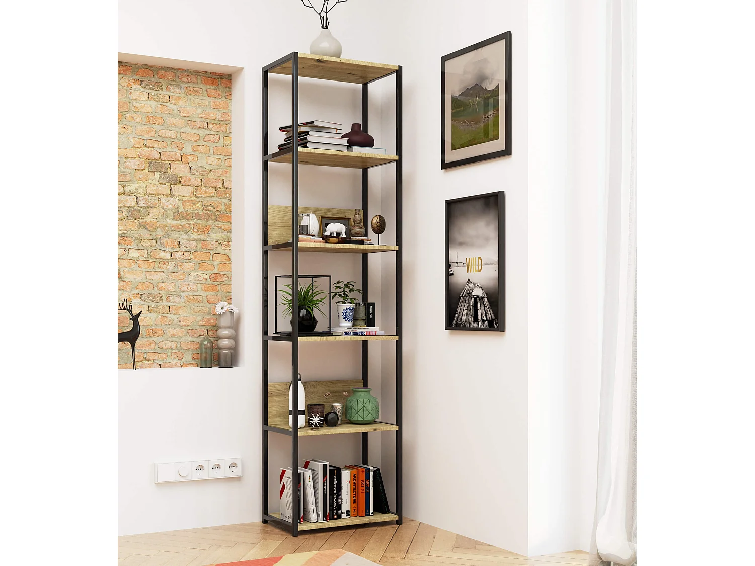 Bücherregal AKORD Metallregal mit Ebenen aus Holzwerkstoff Schwarz Breite 50 cm 6 Ebenen Eiche Artisan B50 x H192 x T32 cm