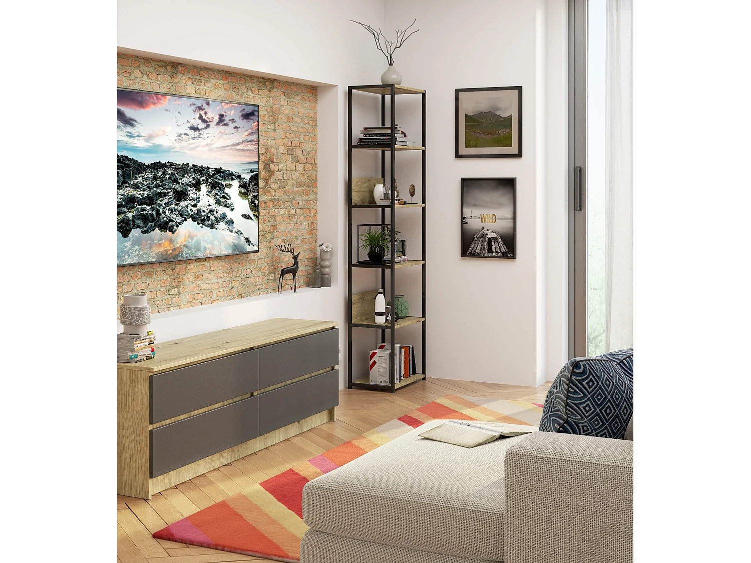 Étagère murale industrielle AKORD Noire - Chêne Artisan 50 cm 6 étagères 50x32x192 cm