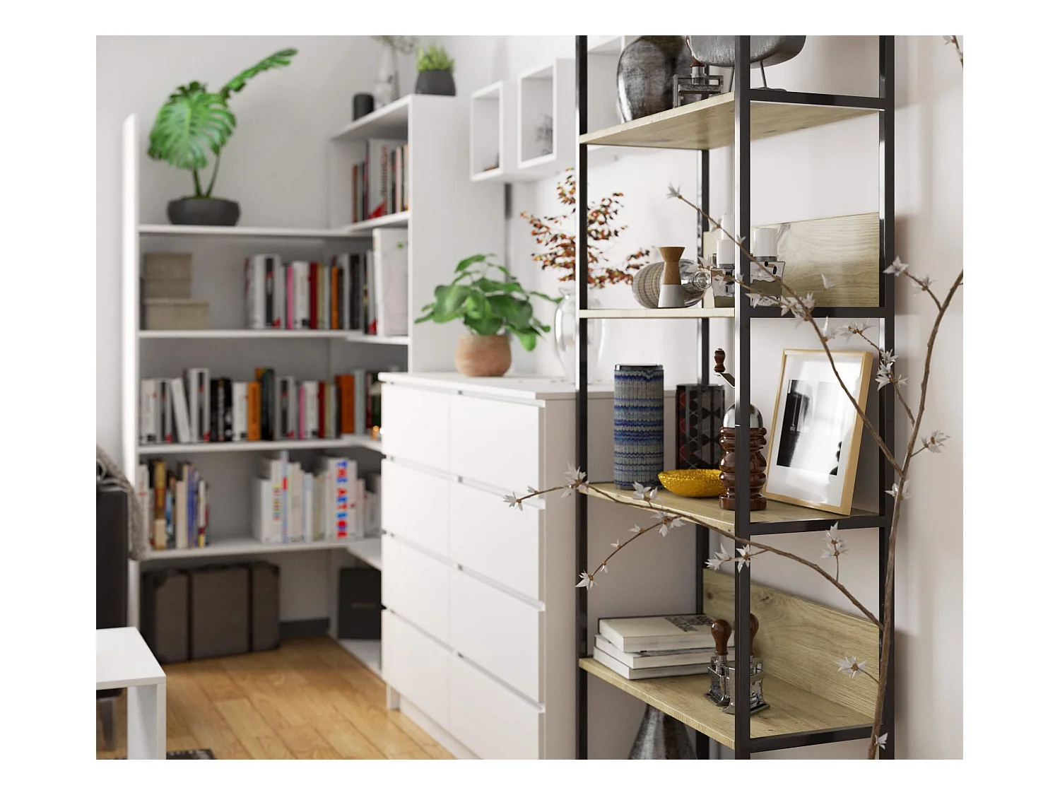 Bücherregal AKORD Metallregal mit Holzwerkstoff-Ebenen Schwarz Breite 70 cm 6 Ebenen Eiche Artisan B70 x H192 x T32 cm