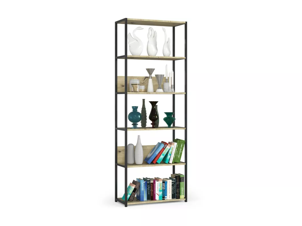 Kauf Unique Bücherregal AKORD Metallregal mit Holzwerkstoff-Ebenen Schwarz Breite 70 cm 6 Ebenen Eiche Artisan B70 x H192 x T32 cm