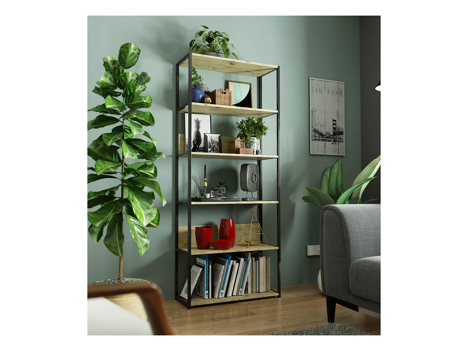 Bücherregal AKORD Metallregal mit Holzwerkstoff-Ebenen Schwarz Breite 80 cm 6 Ebenen Eiche Artisan B80 x H192 x T32 cm