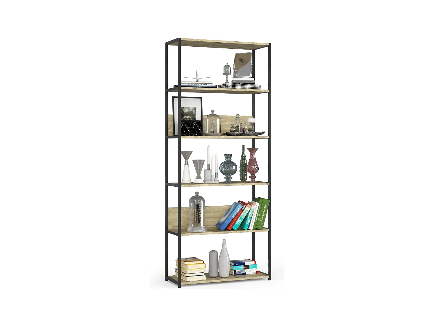 Étagère murale industrielle sur pied AKORD Noire - Chêne Artisan 80 cm 6 étagères 80x32x192 cm