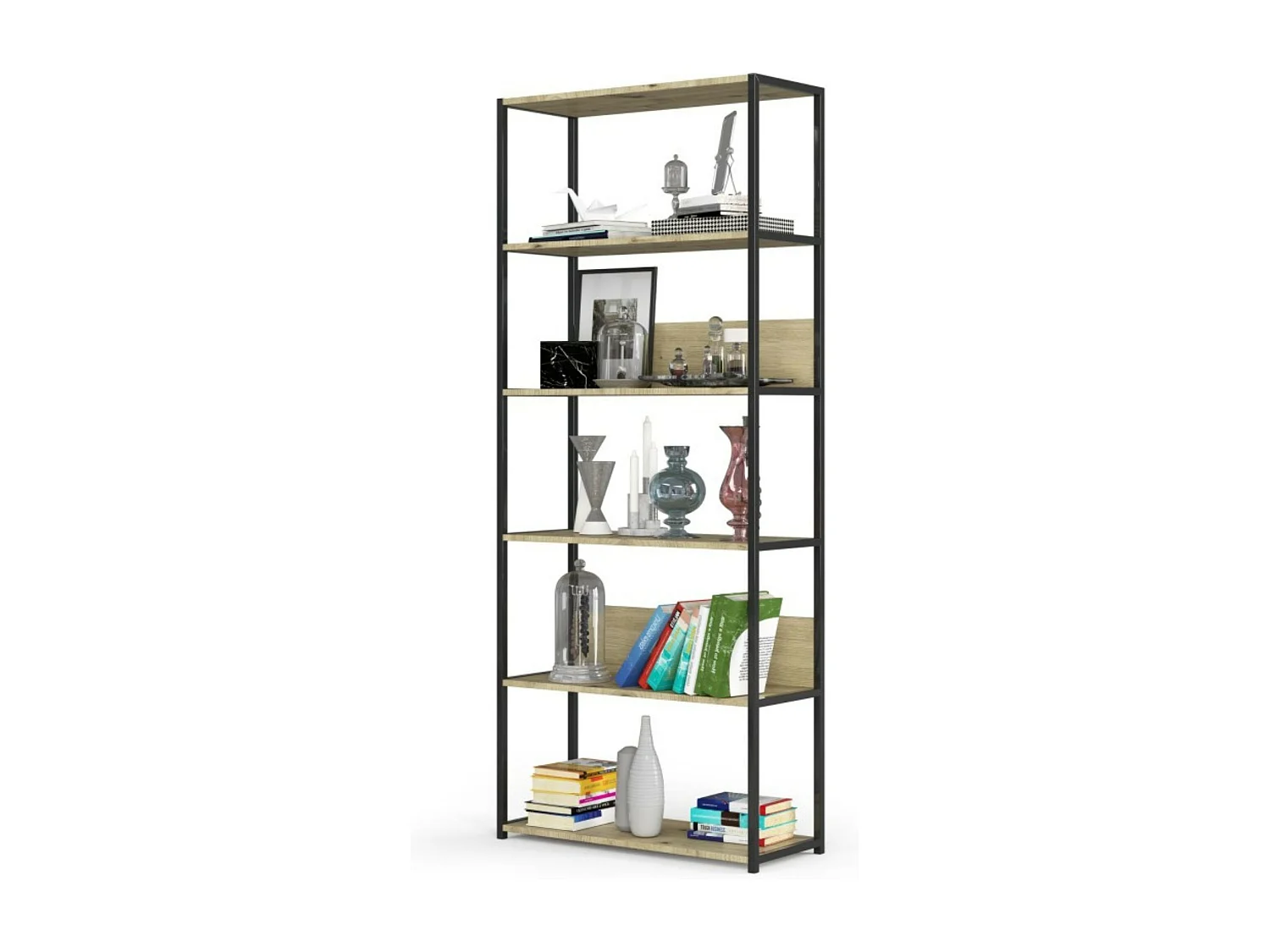 Étagère murale industrielle sur pied AKORD Noire - Chêne Artisan 80 cm 6 étagères 80x32x192 cm