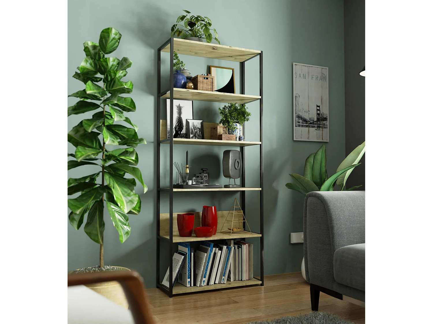 Regał industrialny AKORD metalowy Czarny 80 cm kolor Dąb Artisan mat 6 półek 80x32x192 cm