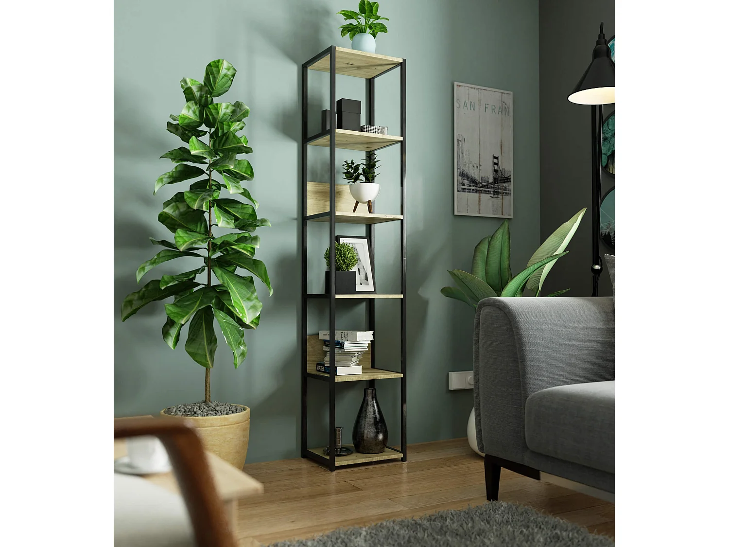 Étagère murale industrielle sur pied AKORD Noire - Chêne Artisan 40 cm 6 étagères 40x32x192 cm