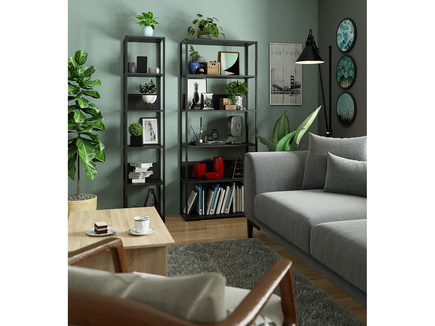 Étagère murale industrielle sur pied AKORD Noire 80 cm 6 étagères 80x32x192 cm