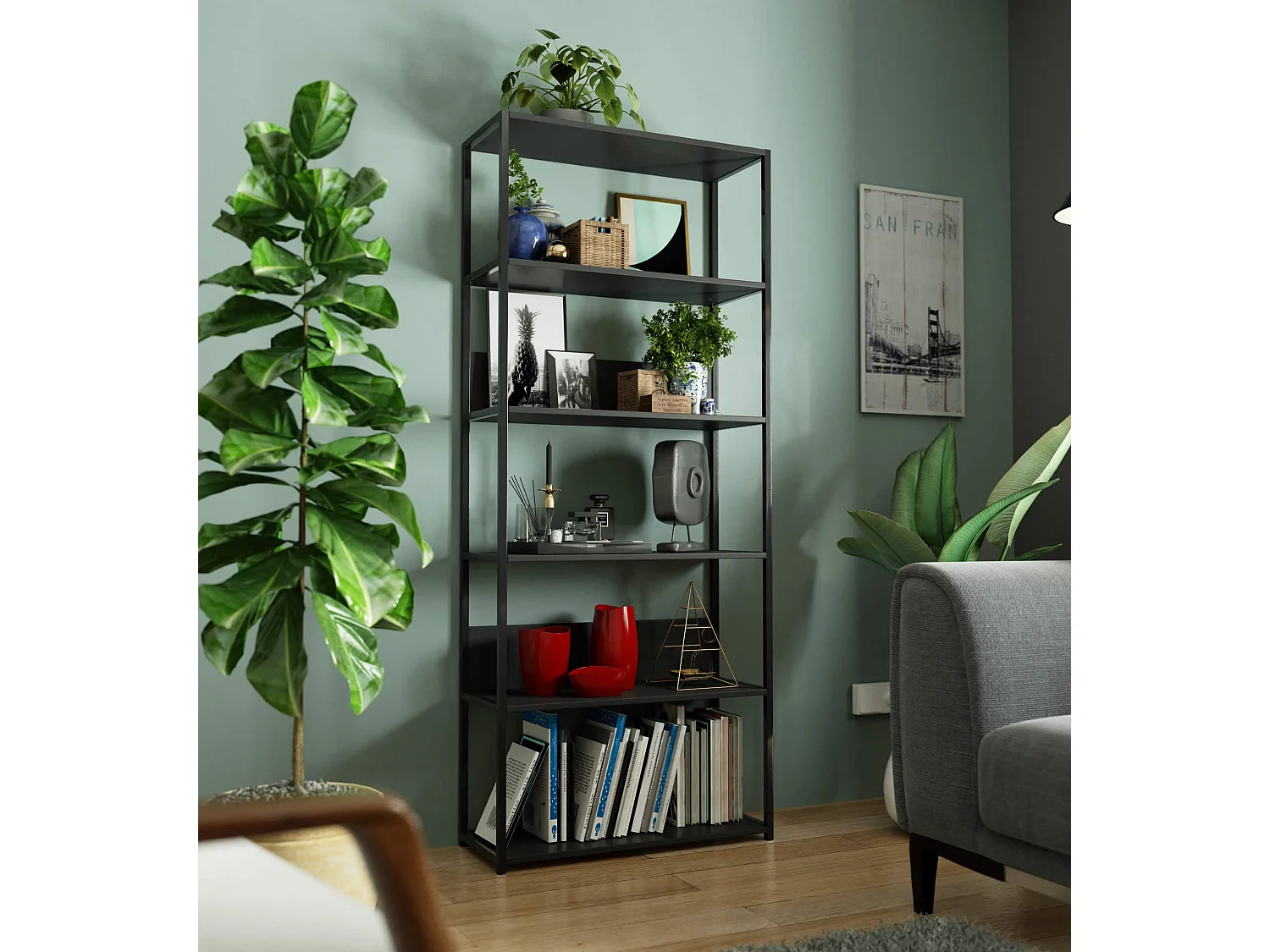 Étagère murale industrielle sur pied AKORD Noire 80 cm 6 étagères 80x32x192 cm