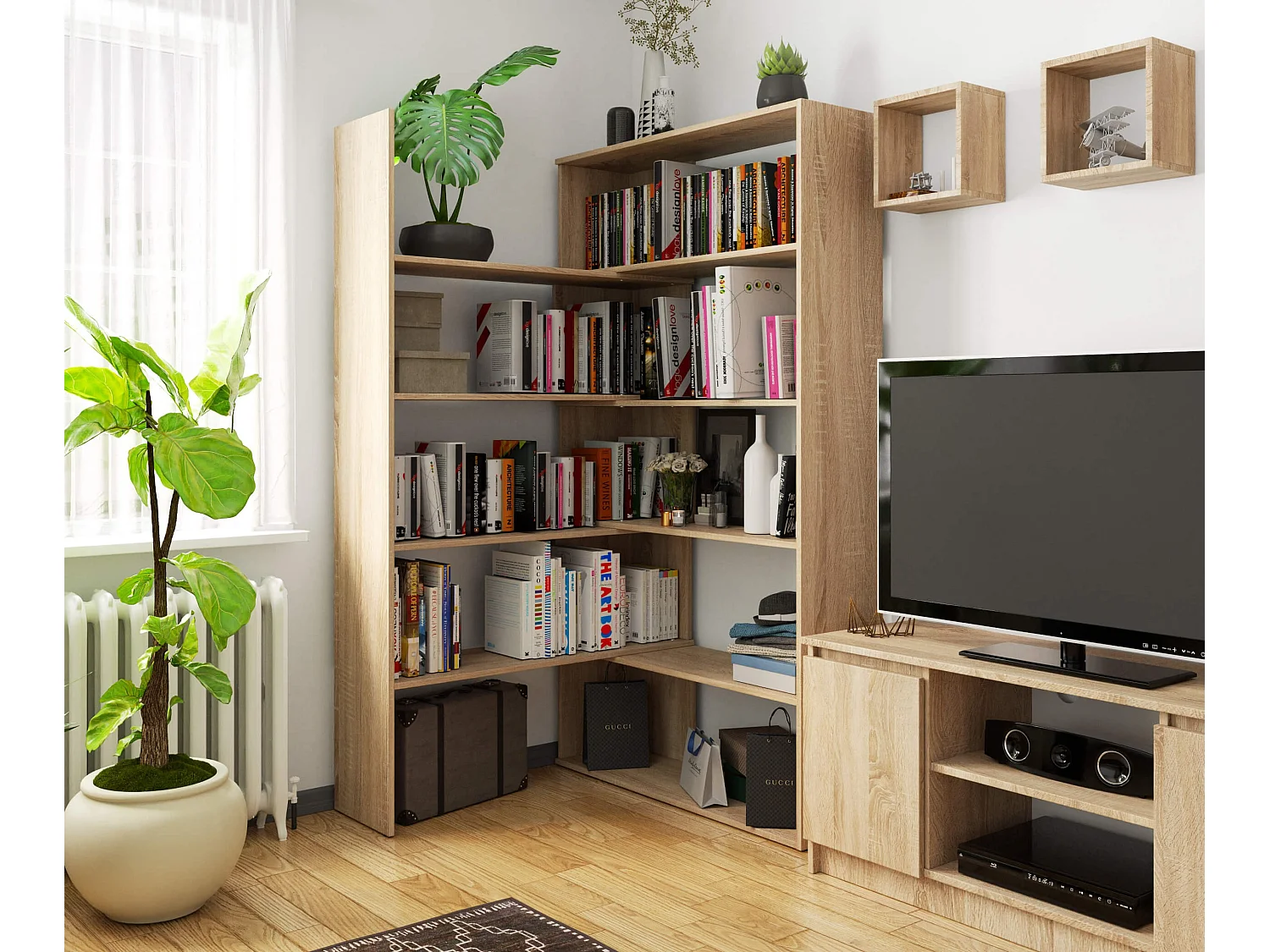 Bücherregal AKORD TWIST Eckregal ausklappbar Sonoma-Eiche 173,6 cm 5 Ebenen B173,6 x H182 x T30 cm