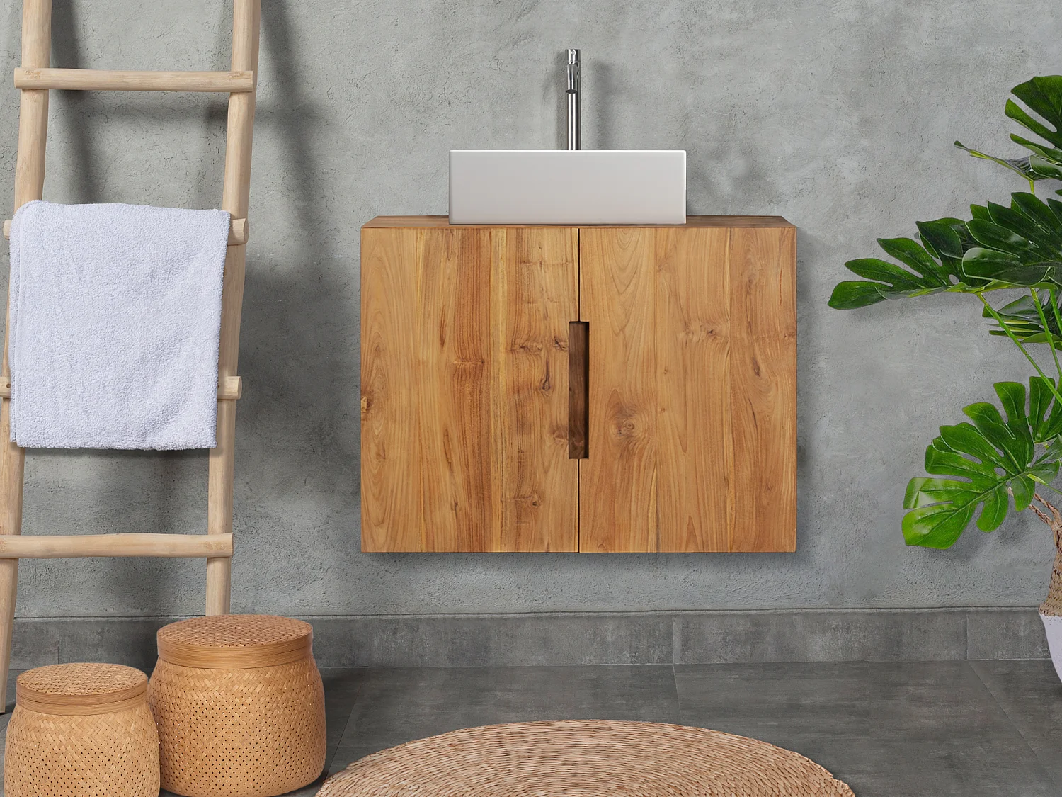 Waschbeckenunterschrank hängend mit Einzelwaschbecken - Teakholz - 80 x 55 cm - SAWAN