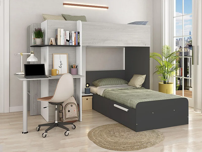 Beliche de canto 2 x 90 x 190 cm com secretária cinza, branco e preto - SAMUEL