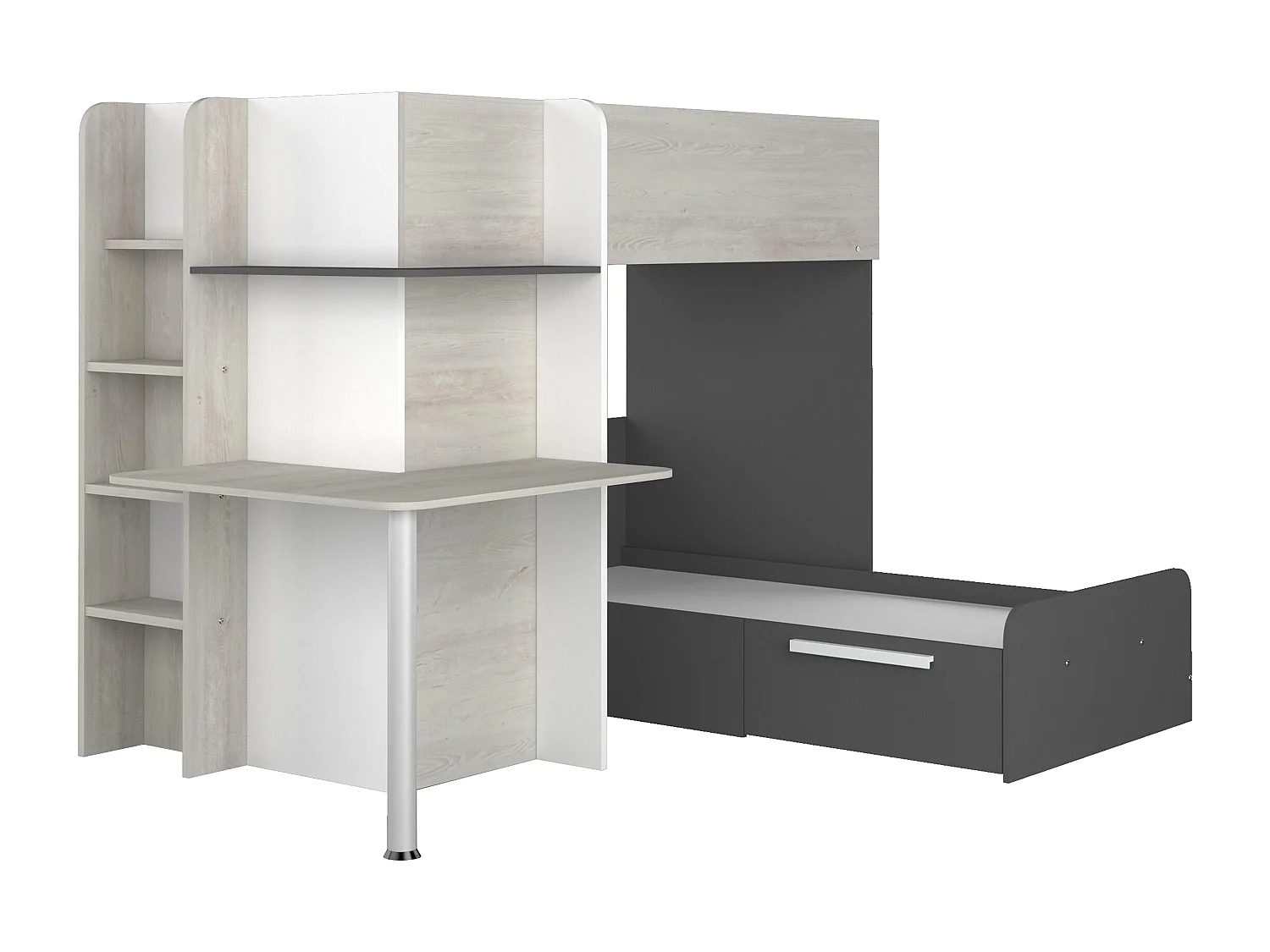Lits superposés d'angle 2 x 90 x 190 cm - Avec bureau - Gris, blanc et noir - SAMUEL