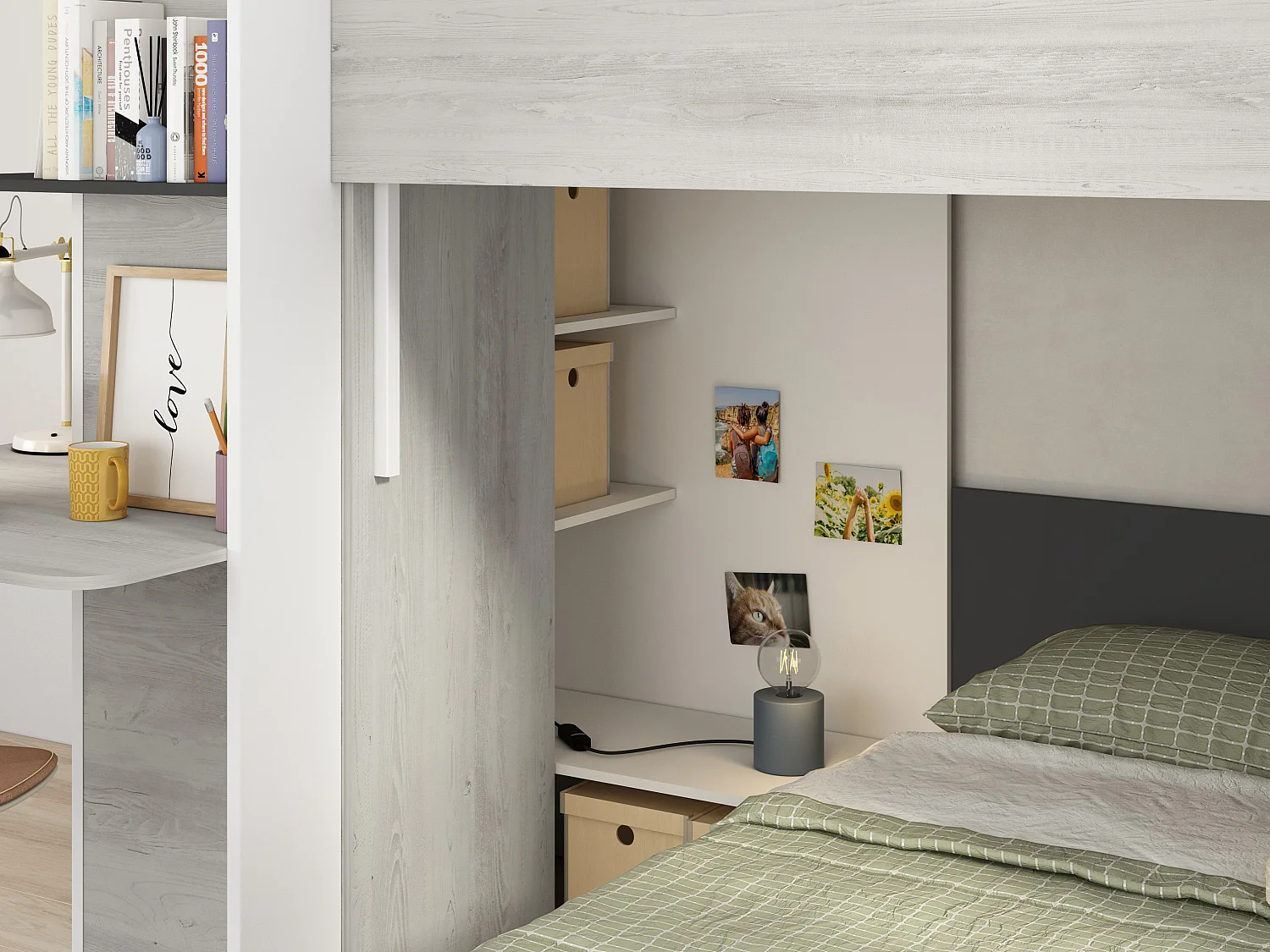 Lits superposés d'angle 2 x 90 x 190 cm - Avec bureau - Gris, blanc et noir - SAMUEL