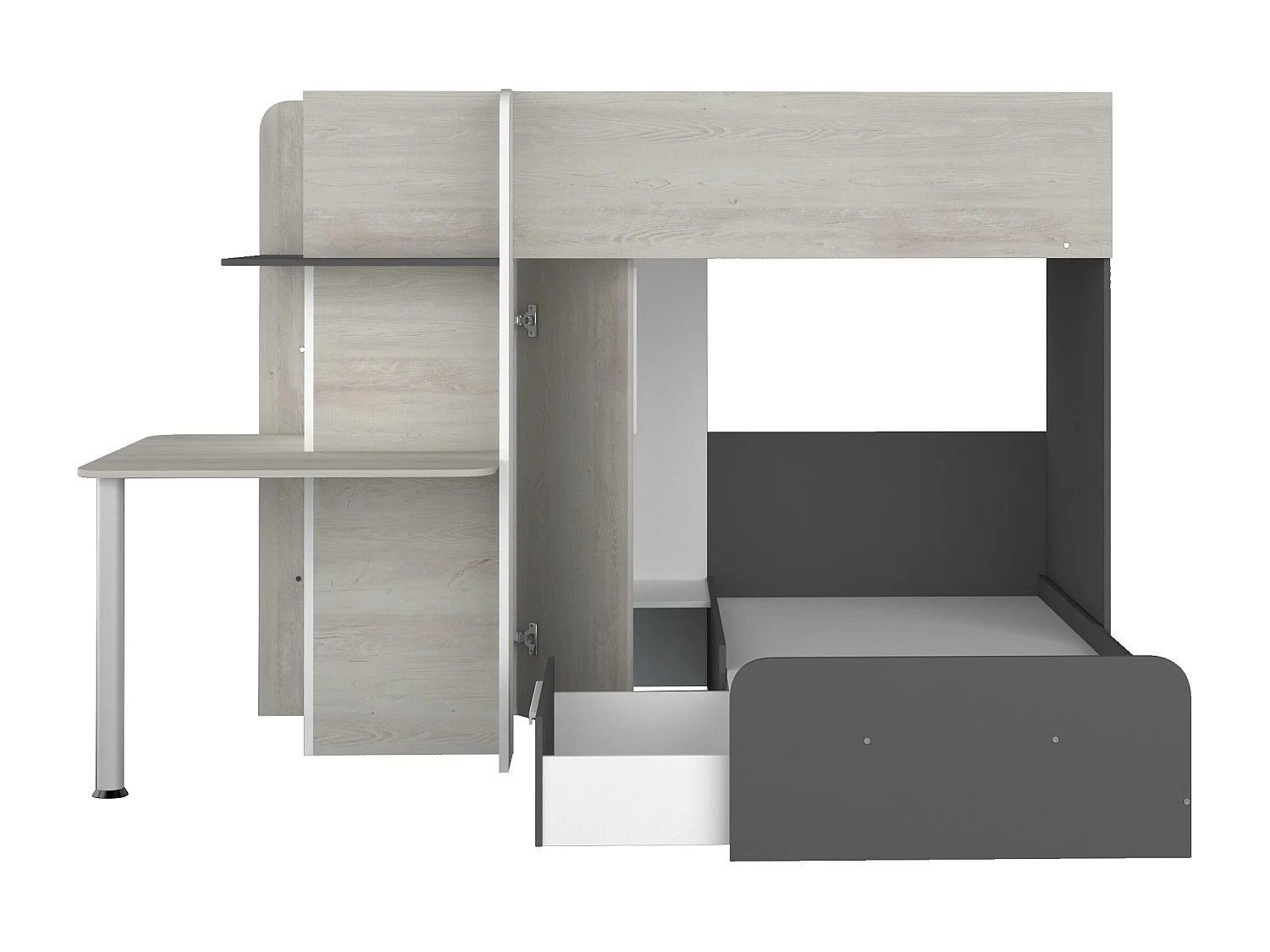 Lits superposés d'angle 2 x 90 x 190 cm - Avec bureau - Gris, blanc et noir - SAMUEL
