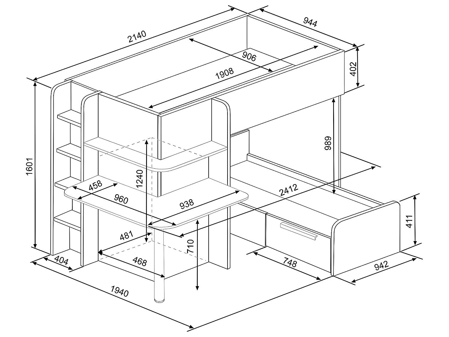 Lits superposés d'angle 2 x 90 x 190 cm - Avec bureau - Gris, blanc et noir - SAMUEL