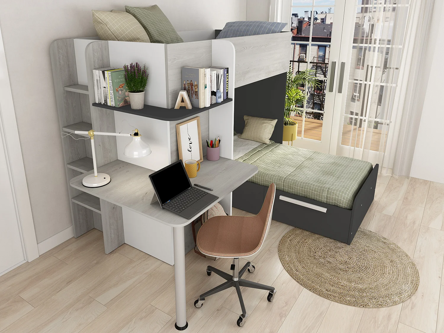 Hoekstapelbed 2 x 90 x 190 cm - Met bureau - Grijs, wit en zwart - SAMUEL