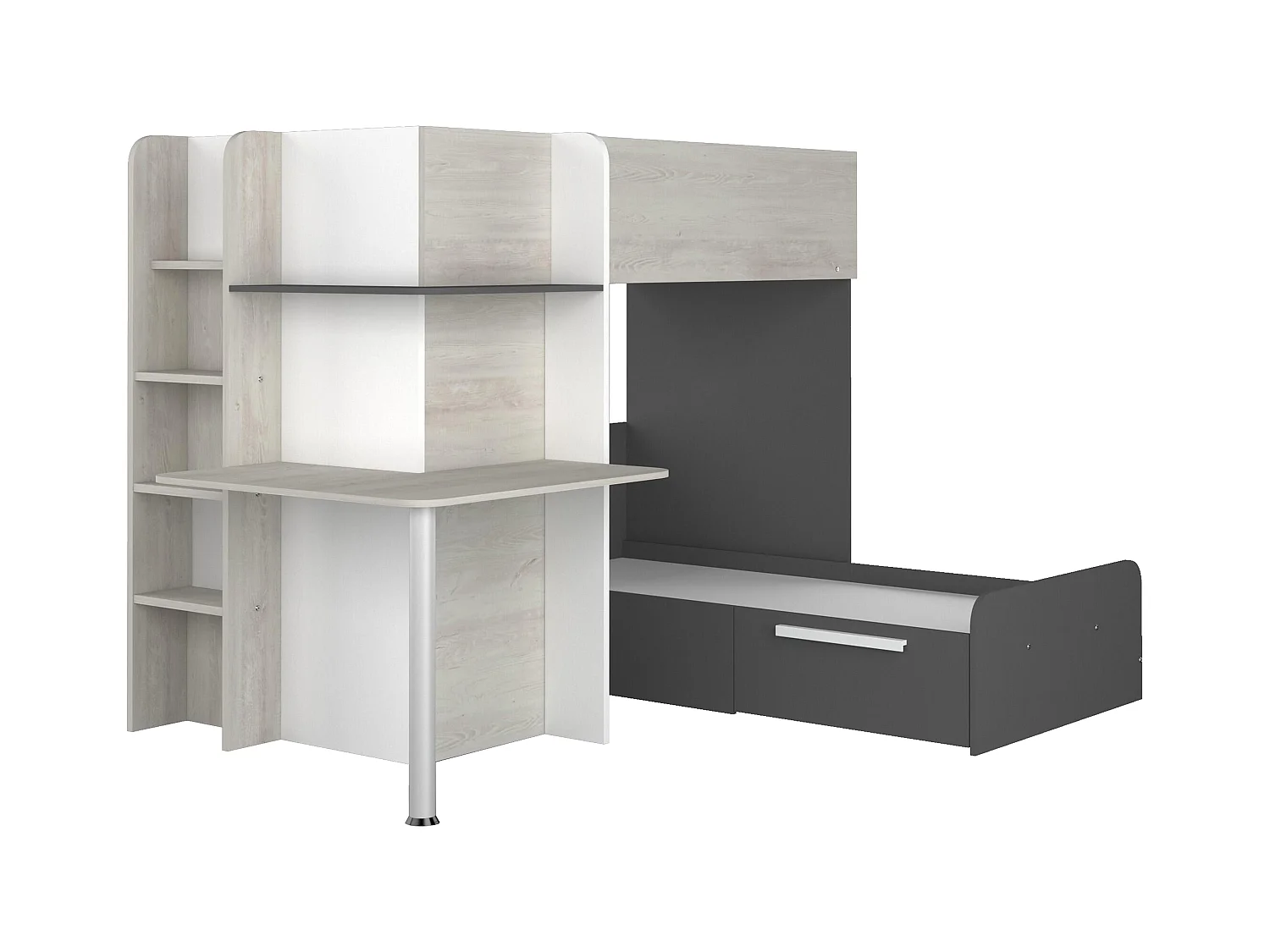 Hoekstapelbed 2 x 90 x 190 cm - Met bureau - Grijs, wit en zwart - SAMUEL