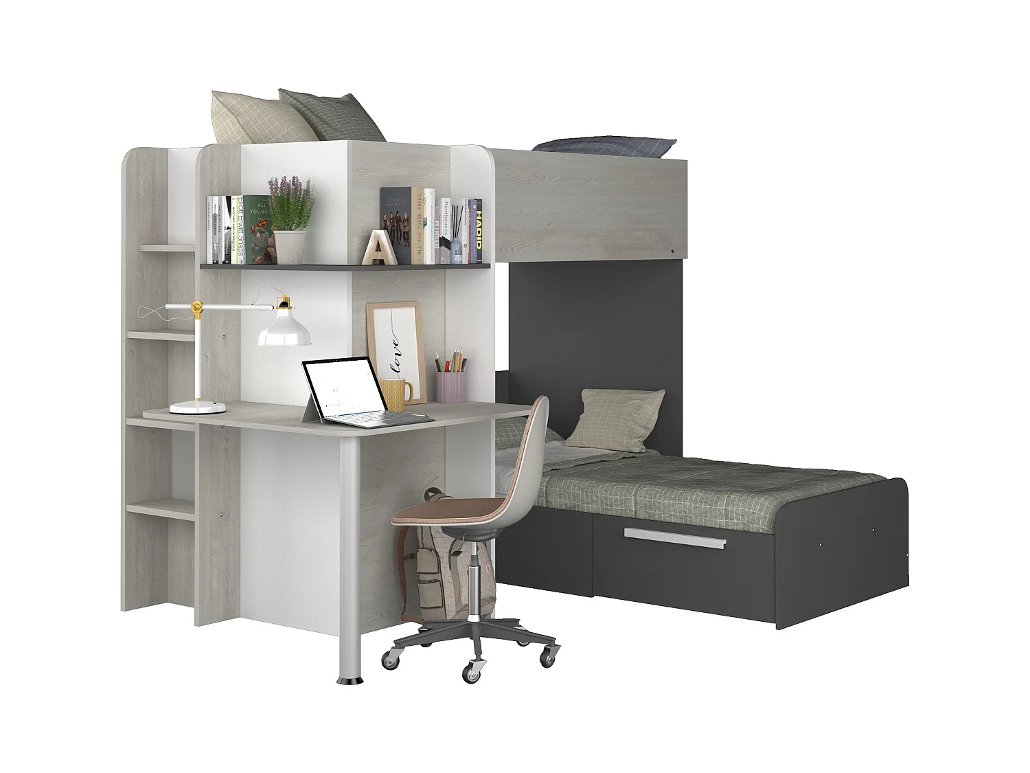 Hoekstapelbed 2 x 90 x 190 cm - Met bureau - Grijs, wit en zwart - SAMUEL