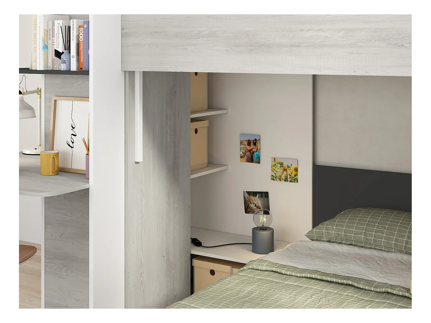 Hoekstapelbed 2 x 90 x 190 cm - Met bureau - Grijs, wit en zwart - SAMUEL