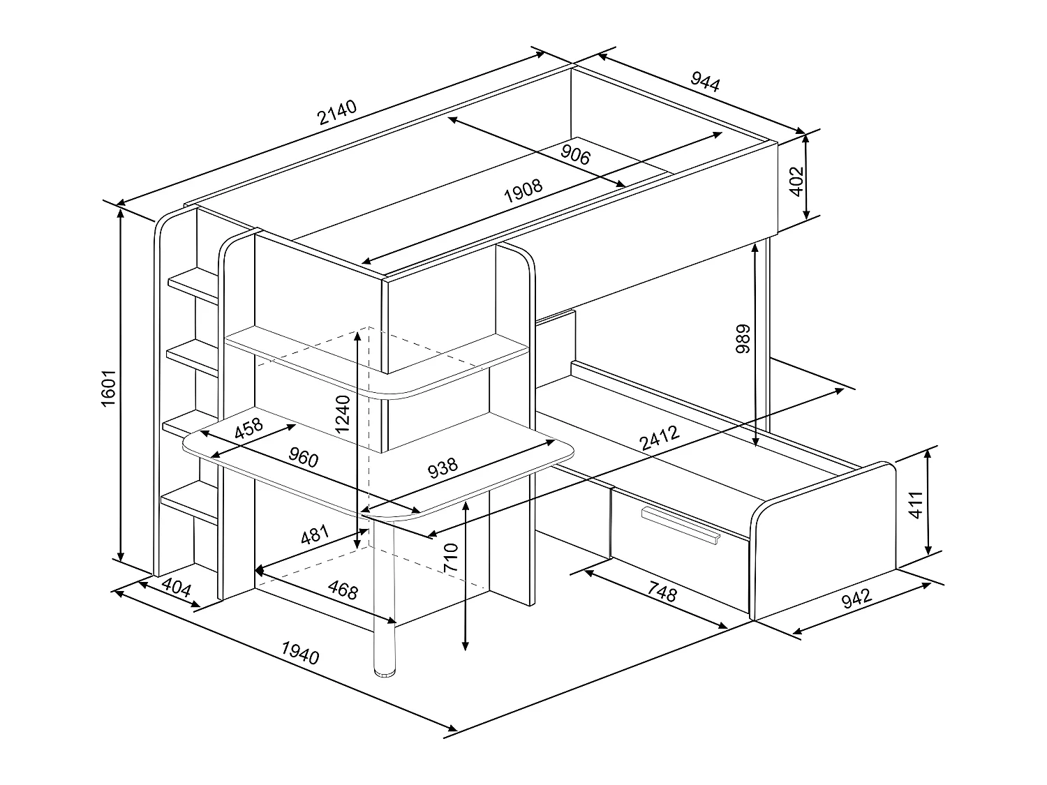 Hoekstapelbed 2 x 90 x 190 cm - Met bureau - Grijs, wit en zwart - SAMUEL