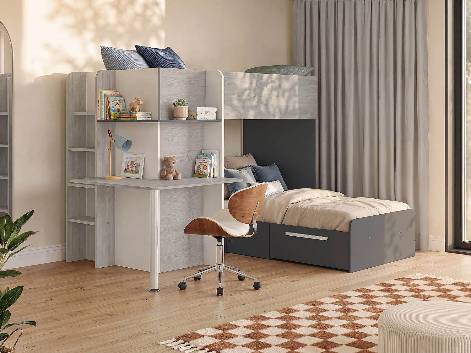 Eck-Hochbett - 2 x 90 x 190 cm -  mit Schreibtisch - Weiß, Schwarz & Grau - SAMUEL