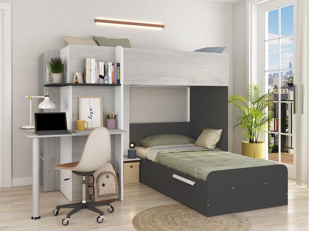 Lits superposés d'angle 2 x 90 x 190 cm - Avec bureau - Gris, blanc et noir - SAMUEL