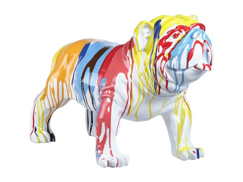 Statue chien avec coulures peintures multicolores H38 cm - BULLDOG 03