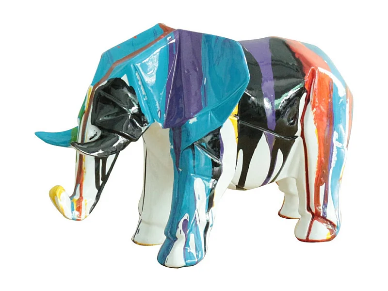 Statue éléphant géométrique coulure noir multicolore H21 cm - DUMBO 03
