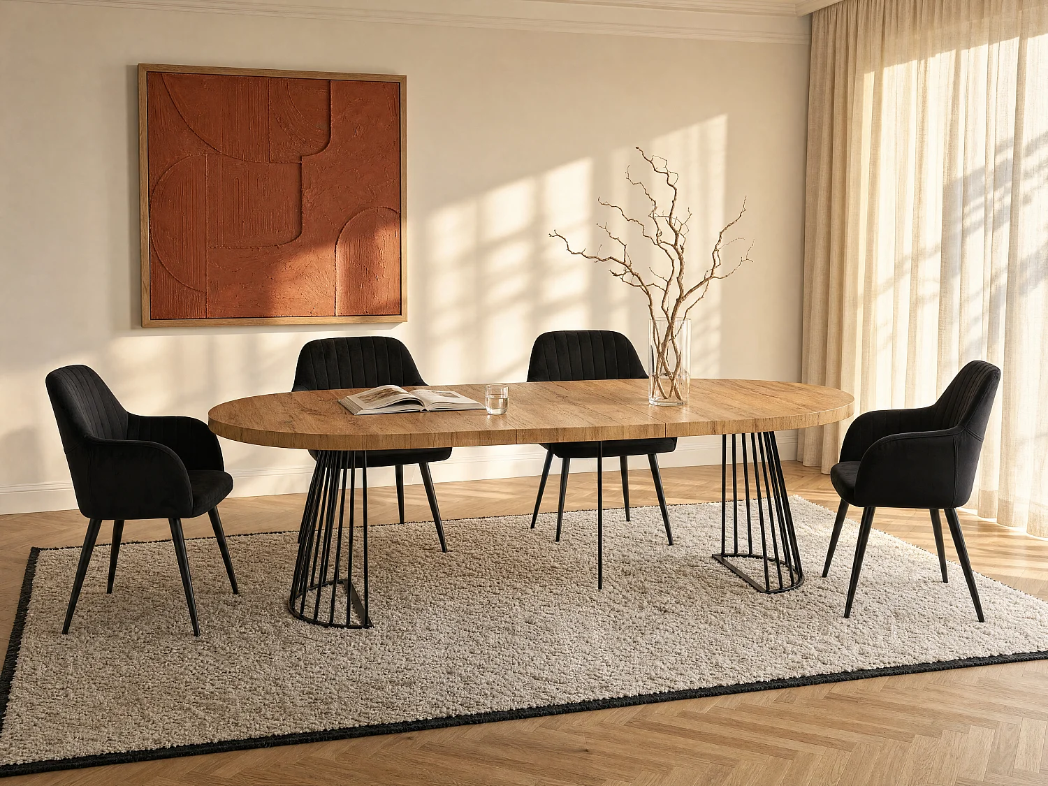 Uitschuifbare eettafel 2 tot 12 plaatsen van mdf en staal - Naturel en zwart - FIRELA
