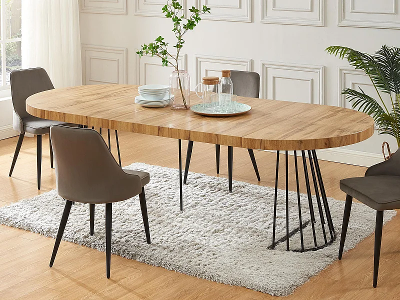 Table à manger extensible 2 à 12 personnes en MDF et acier - Naturel et noir - FIRELA