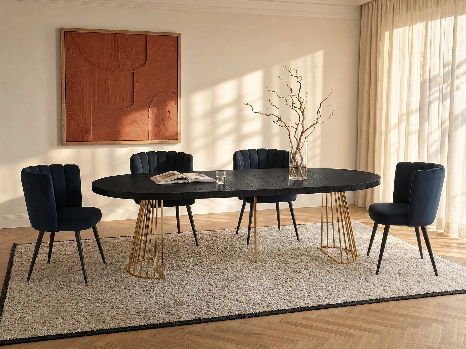 Mesa de jantar extensível de 2 a 12 lugares em MDF e aço preto e dourado - FIRELA