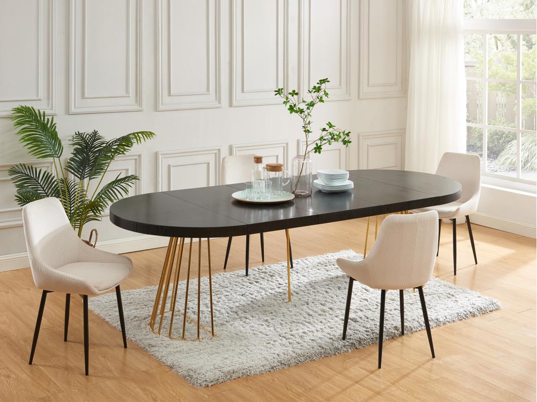 Table à manger extensible 2 à 12 personnes en MDF et acier - Noir et doré - FIRELA