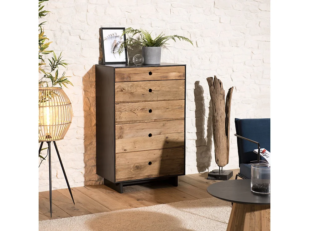 DANDY - Meuble chiffonnier 5 tiroirs bois Pin recyclé naturel et noir