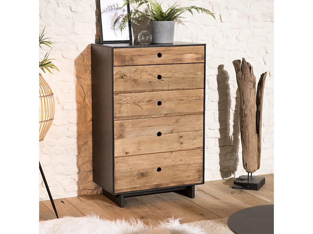 DANDY - Meuble chiffonnier 5 tiroirs bois Pin recyclé naturel et noir
