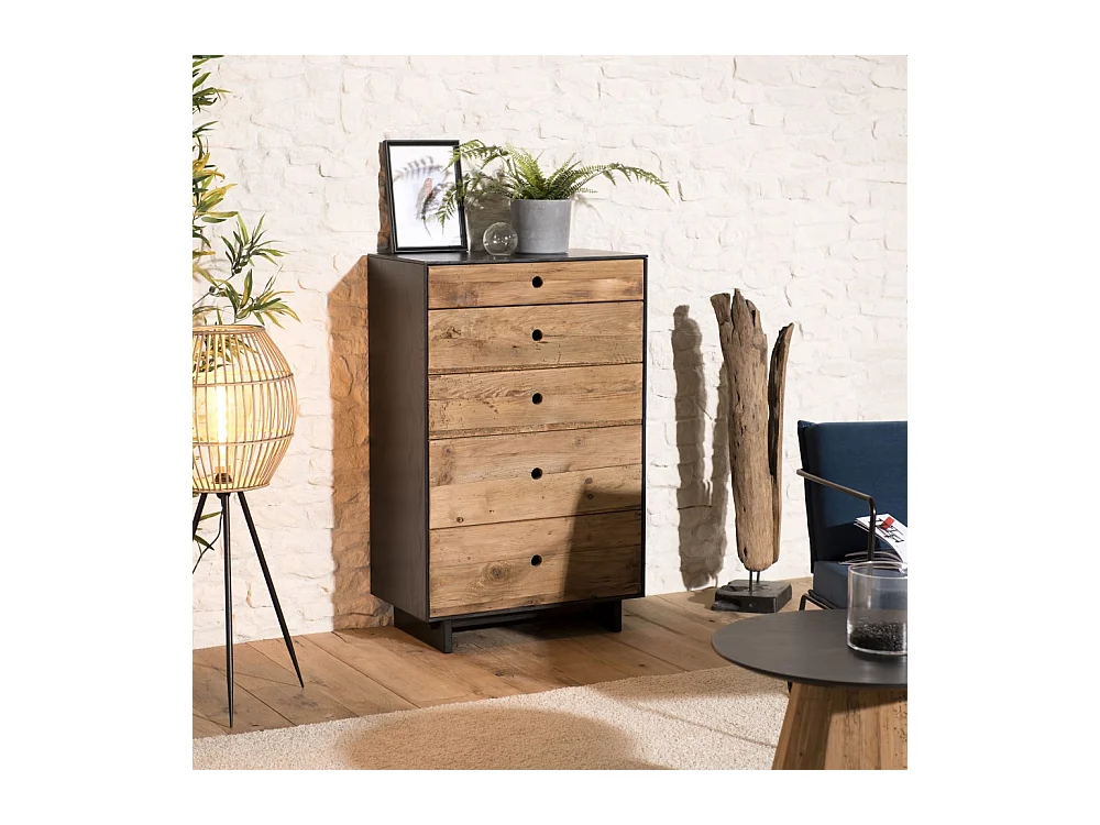 DANDY - Meuble chiffonnier 5 tiroirs bois Pin recyclé naturel et noir