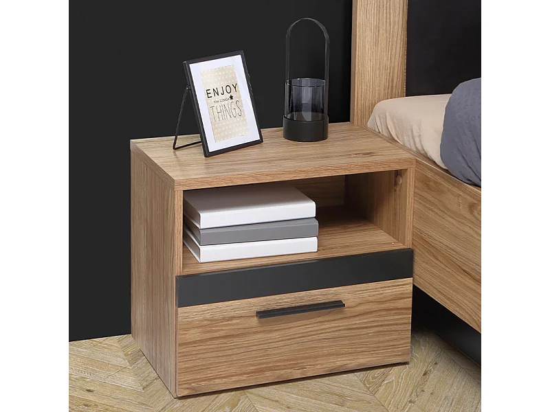 Table de chevet 1 tiroir 1 niche décor bois de chêne et noir - KAMILA
