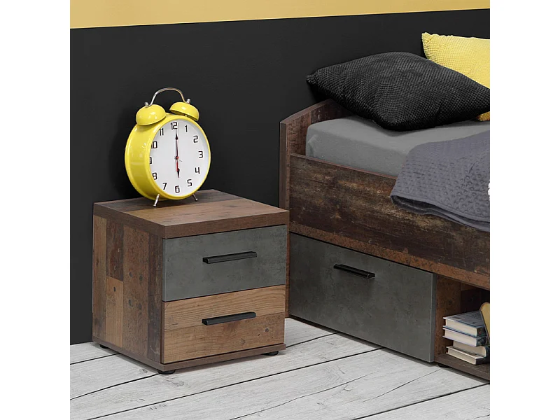 Table de chevet 2 tiroirs décor bois vintage et béton gris - BUCKY
