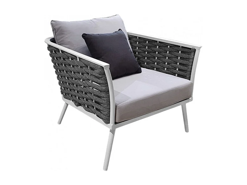 Fauteuil bas de jardin en aluminium blanc et tressage gris - RISE