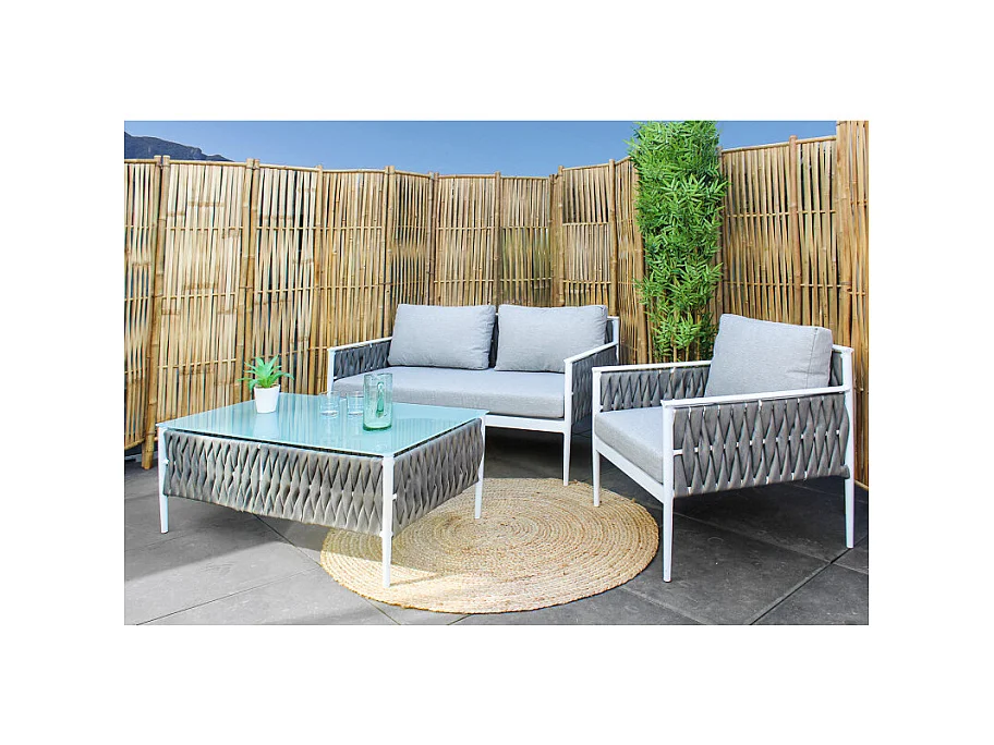 Fauteuil bas de jardin en tissu gris et textilène tressé - CAMI