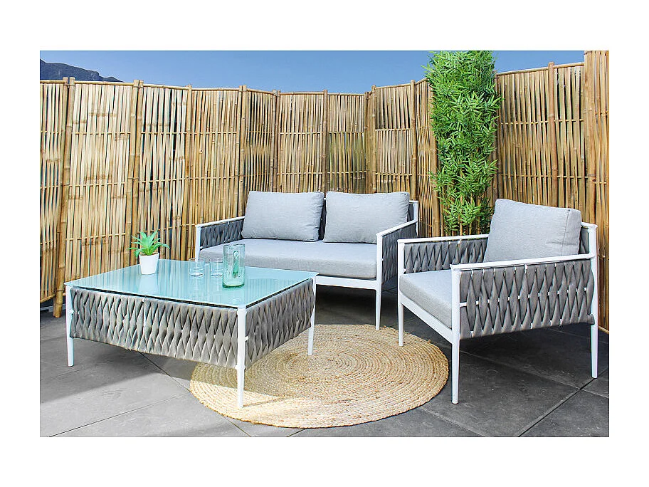 Fauteuil bas de jardin en tissu gris et textilène tressé - CAMI