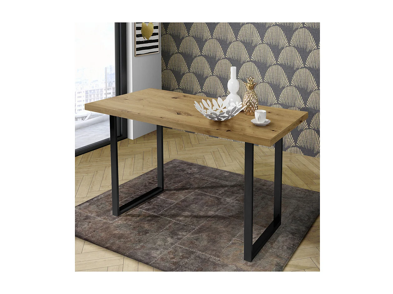 Table de repas 140 cm décor chêne et pieds luge métal noir - CORSE 02