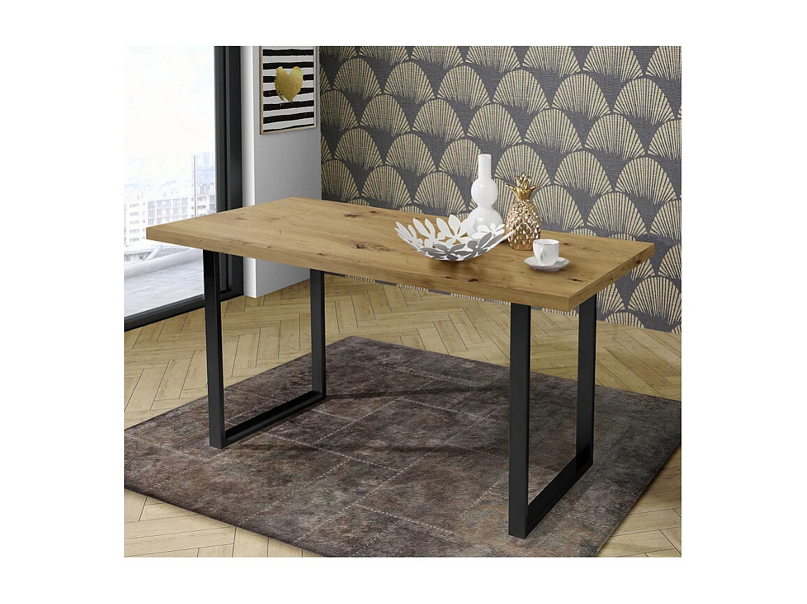 Table de repas 160 cm décor chêne et pieds luge métal noir - CORSE 02