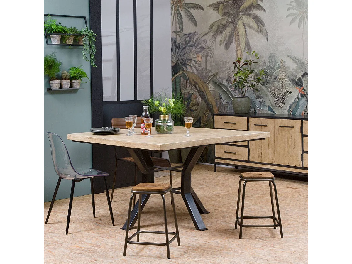 Table à manger carrée en bois de manguier et métal Opposite