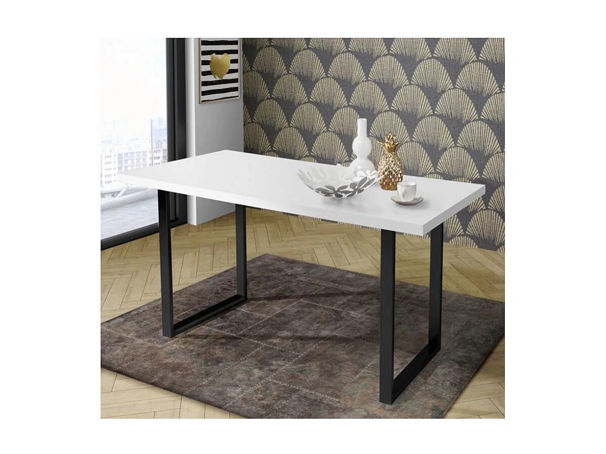 Table de repas 140 cm plateau blanc pieds luge métal noir - LOIRE 02